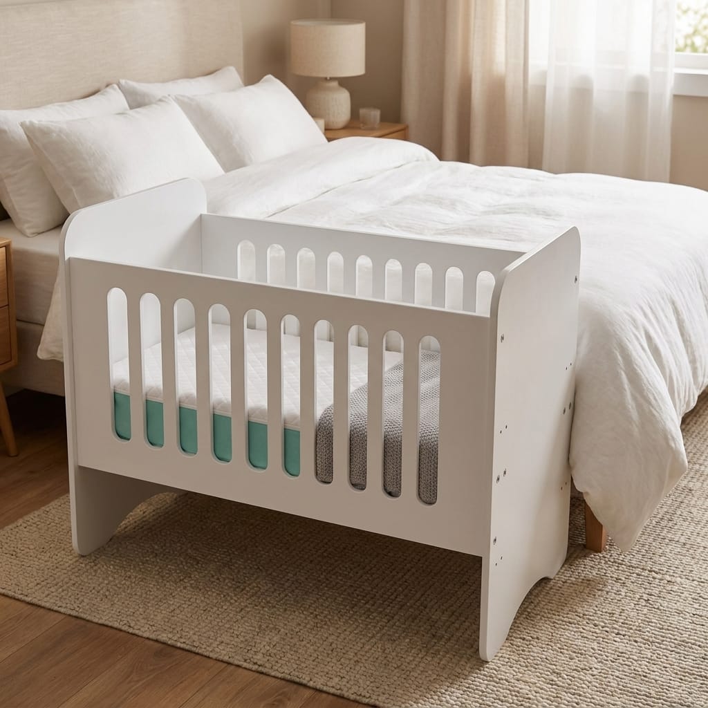 Cuna blanca como colecho junto a la cama