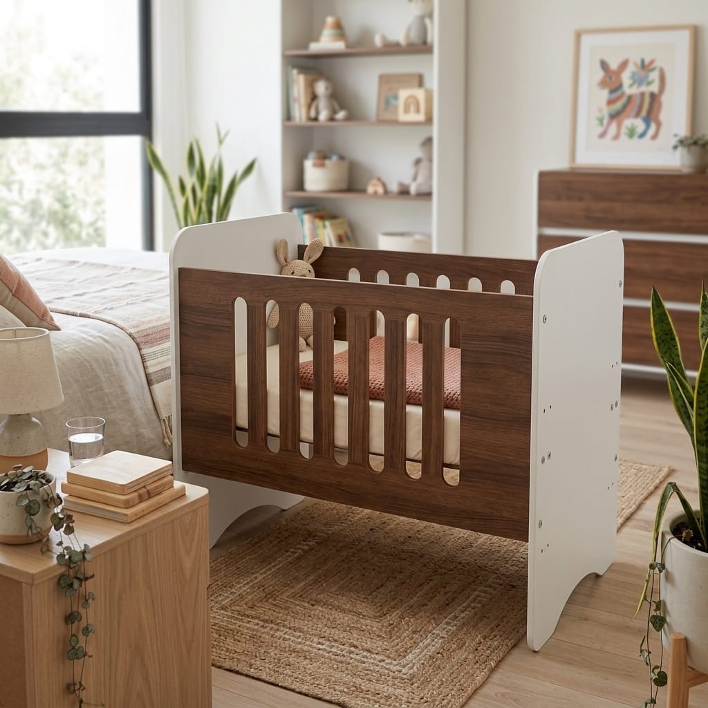 Cuna madera junto a la cama